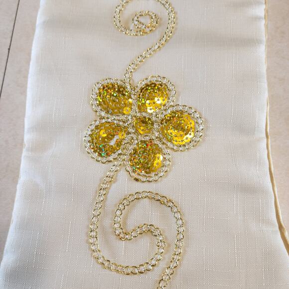 Gold White Christmas Stocking Sequin Floral 17" Satin Beaded Holiday Decor - Picture 12 of 12